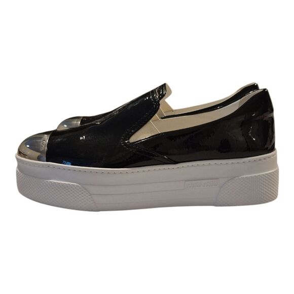 Miu Miu Metallic Cap Toe Patent Platform slip on Sneakers Black 37.5 7.5 Womens - Picture 2 of 14